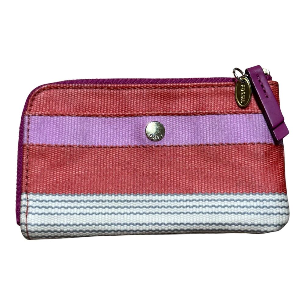Fossil Coated Canvas Zip Wallet Coin Purse Clutch Pink Purple Cream Gray Stripe